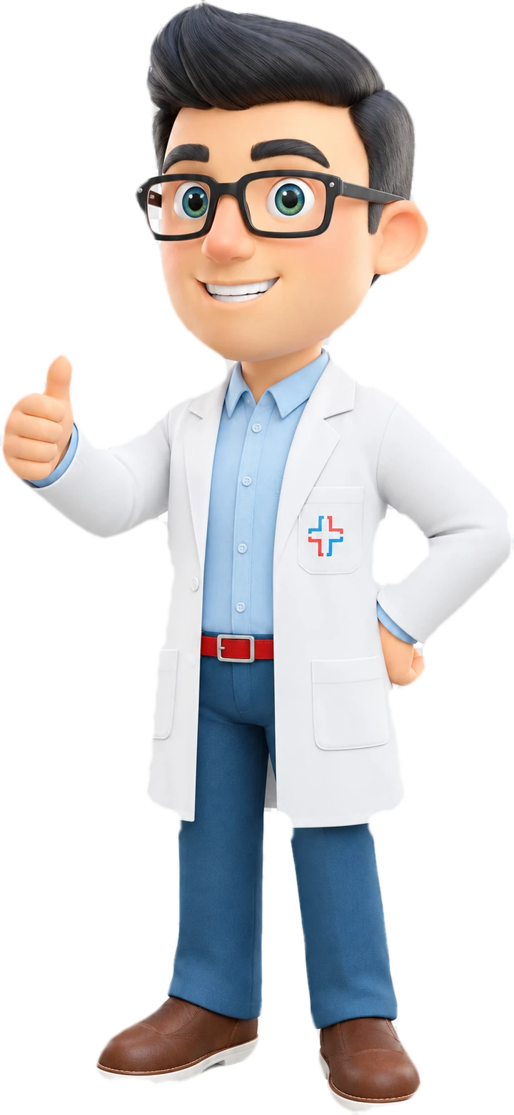 Dr. Mille, o farmacêutico mascote da Droga Mille, fazendo joinha
